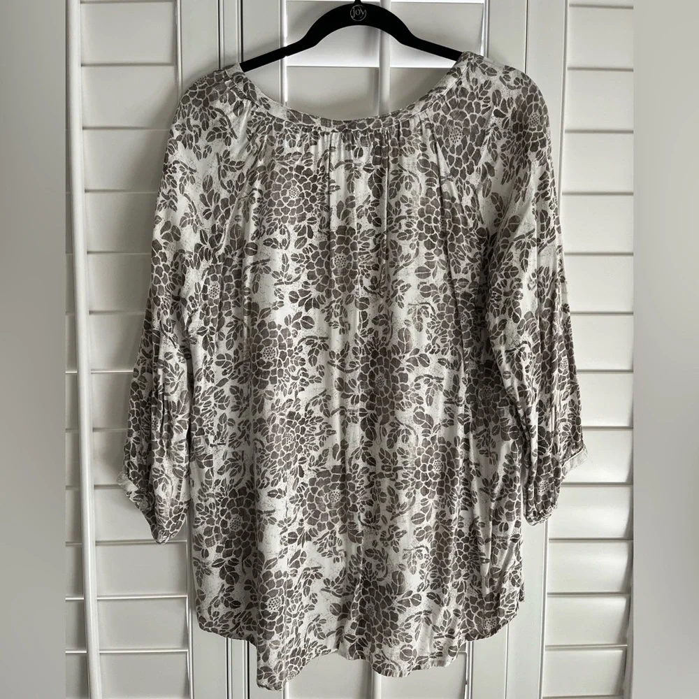 SONOMA Brown & Cream Floral Print V-Neck 3/4 Sleeve Blouse Size XL - Picture 2 of 5